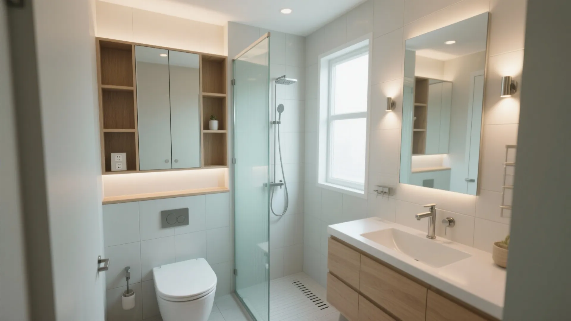 Clean modern bathroom with wood cabinet, glass shower, white toilet, wall light, and large mirror