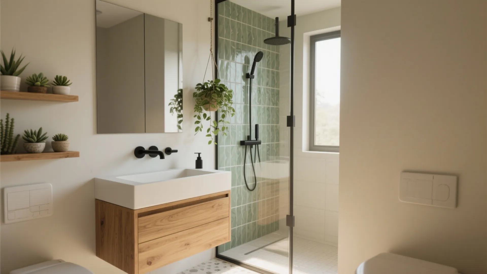 Compact bathroom design with wooden cabinet, white sink, green wall tiles, and glass shower door