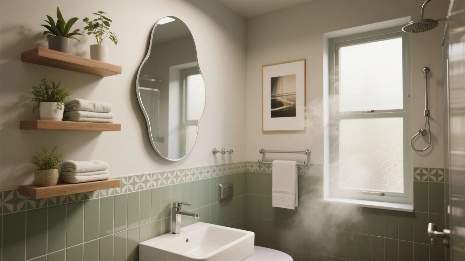 Small modern bathroom with green wall tiles wavy mirror wooden shelves white sink and window steam