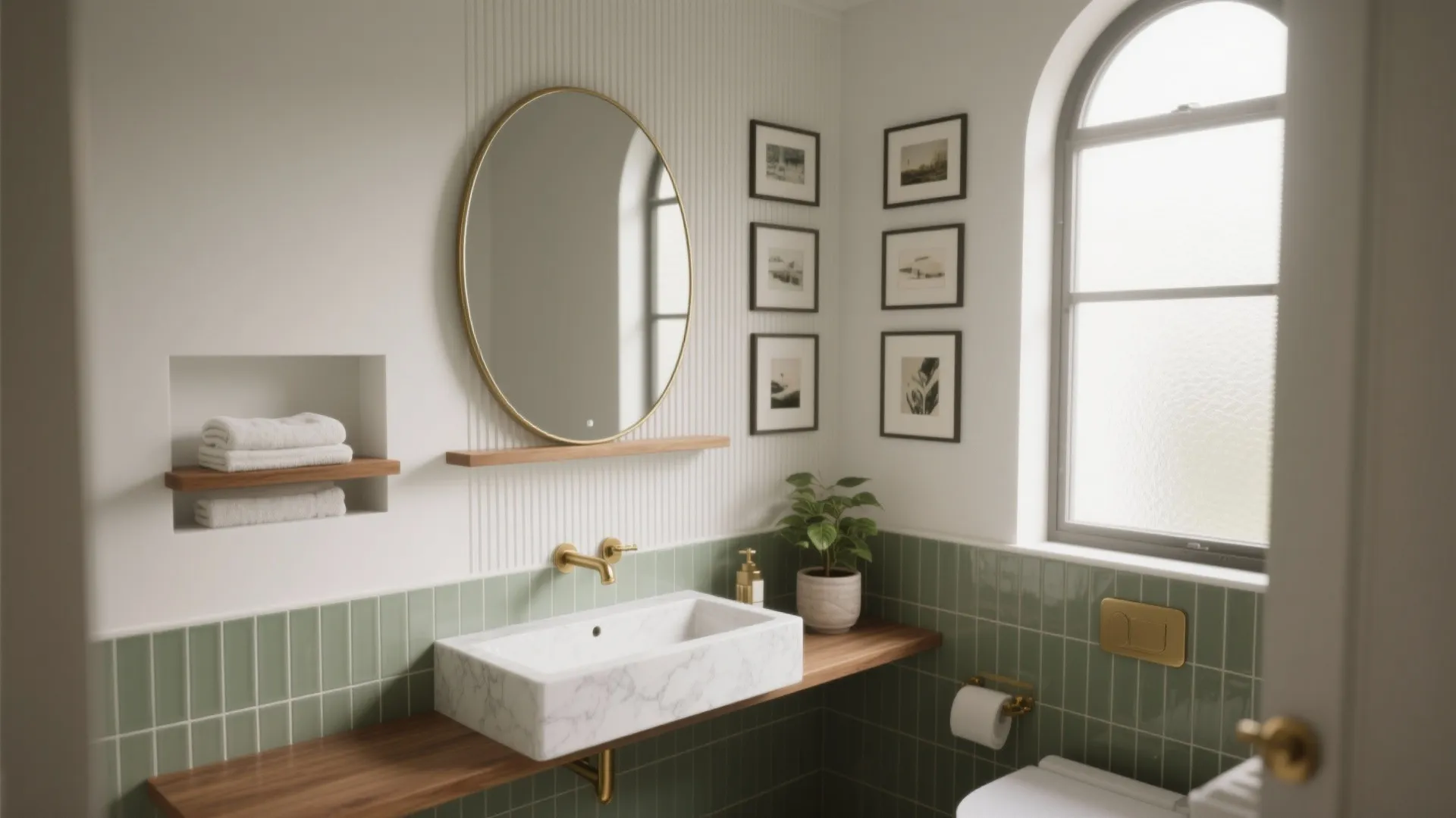 Modern small bathroom with green wall tile marble sink gold light fixture and round mirror