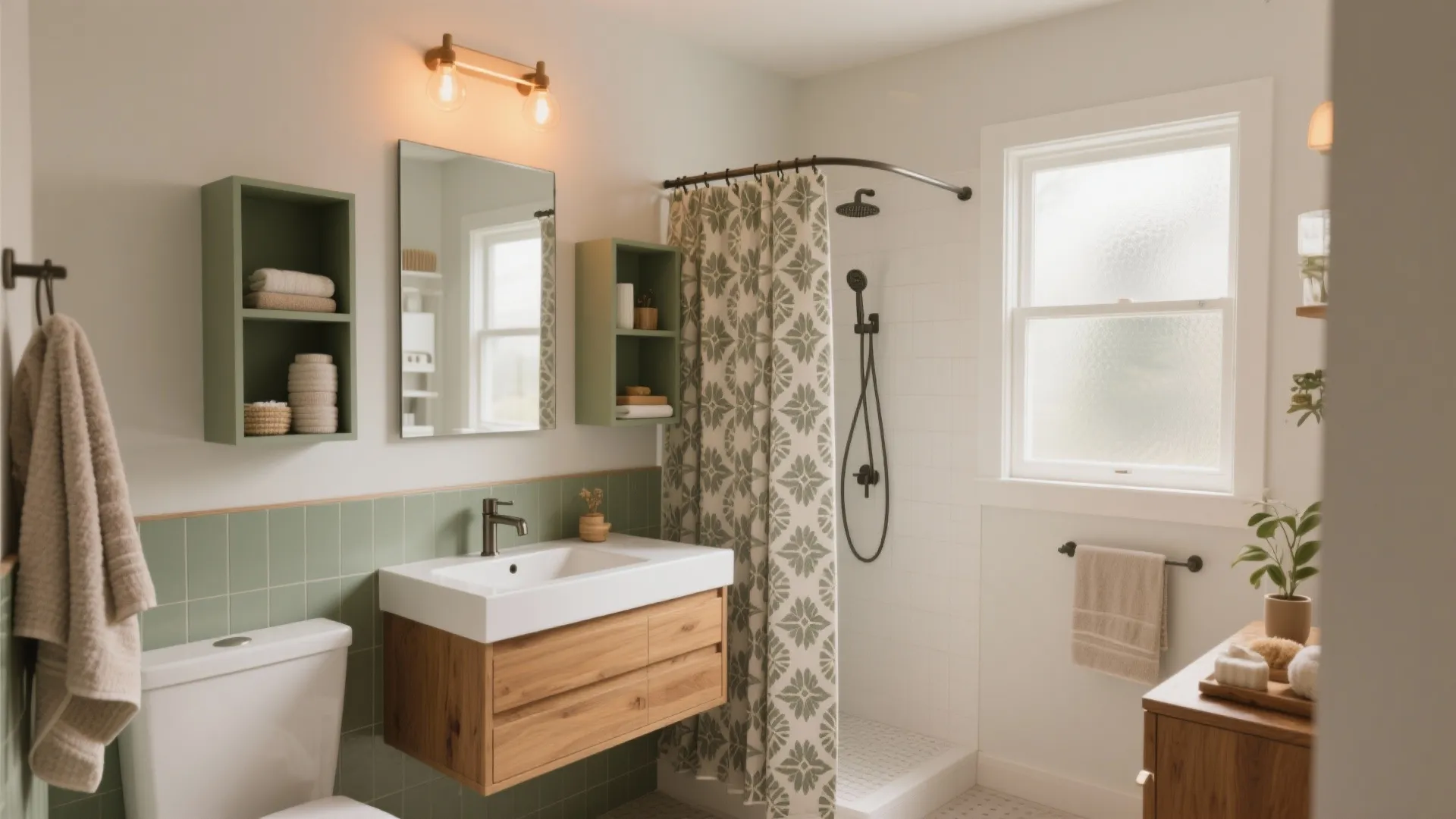 Modern bathroom with green wall tiles wooden vanity white sink shower curtain and wall light