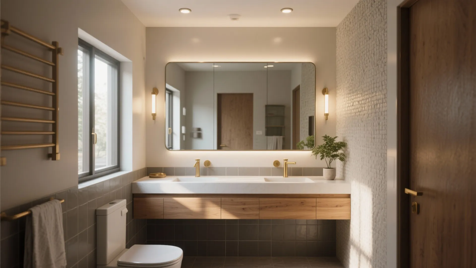 Modern bathroom with double sink wood cabinet large mirror wall lights toilet and gold fixtures