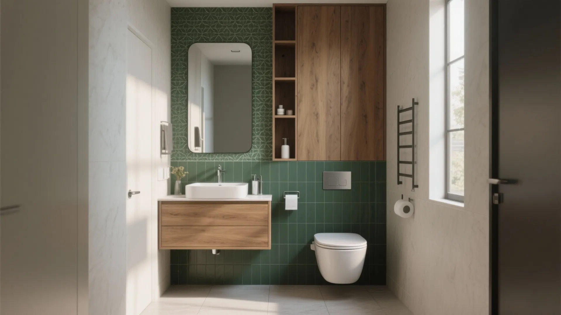 Small bathroom with green wall tiles wooden sink cabinet white toilet and a large mirror