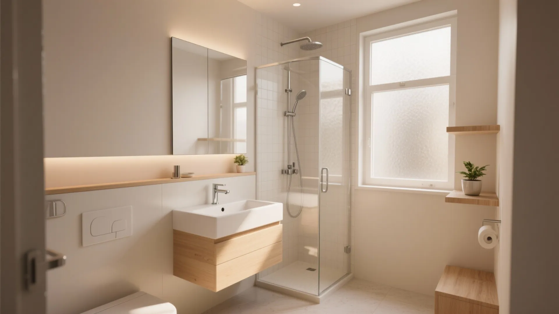 Small modern bathroom with wooden cabinet glass shower box wall mirror and bright window light