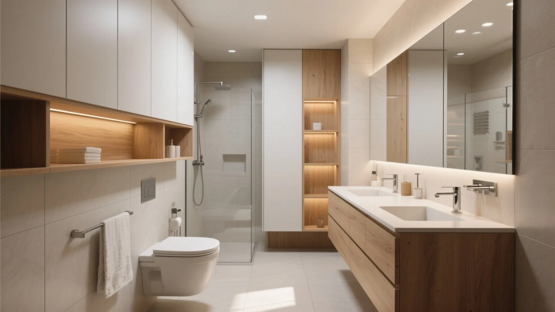 Clean bathroom interior with white toilet wooden cabinets glass shower area large mirror and natural lighting