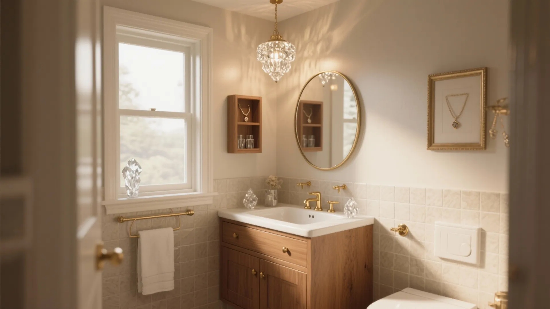 Cozy bathroom with wooden cabinet white sink gold faucet round mirror and elegant crystal ceiling light