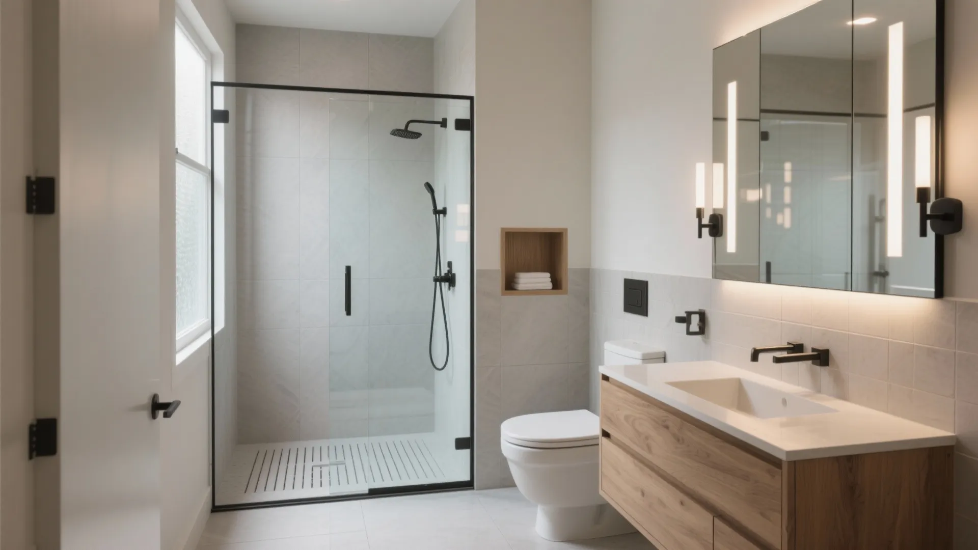 Modern bathroom with glass shower door wooden cabinet white toilet mirror with lights and grey tiles