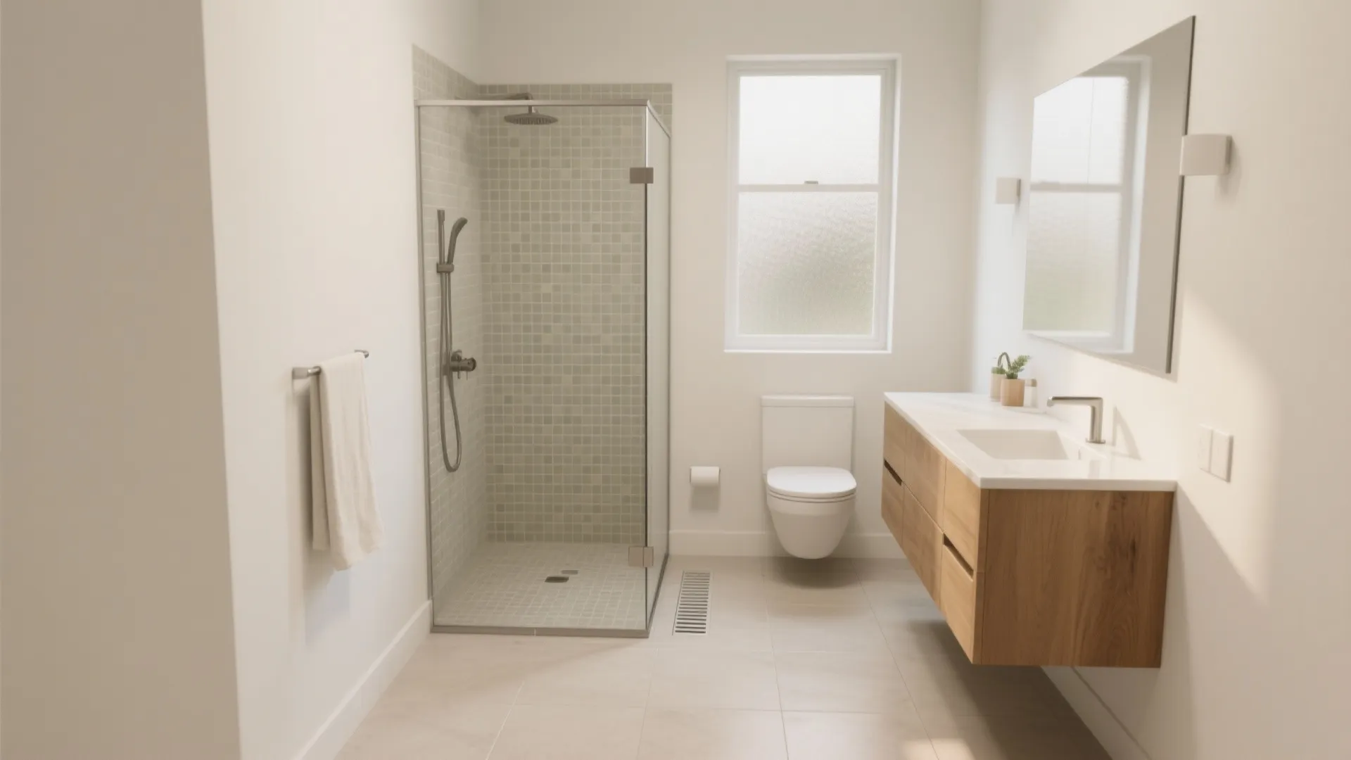 Modern white bathroom featuring glass shower cabin, wooden floating cabinet, white toilet, and large mirror