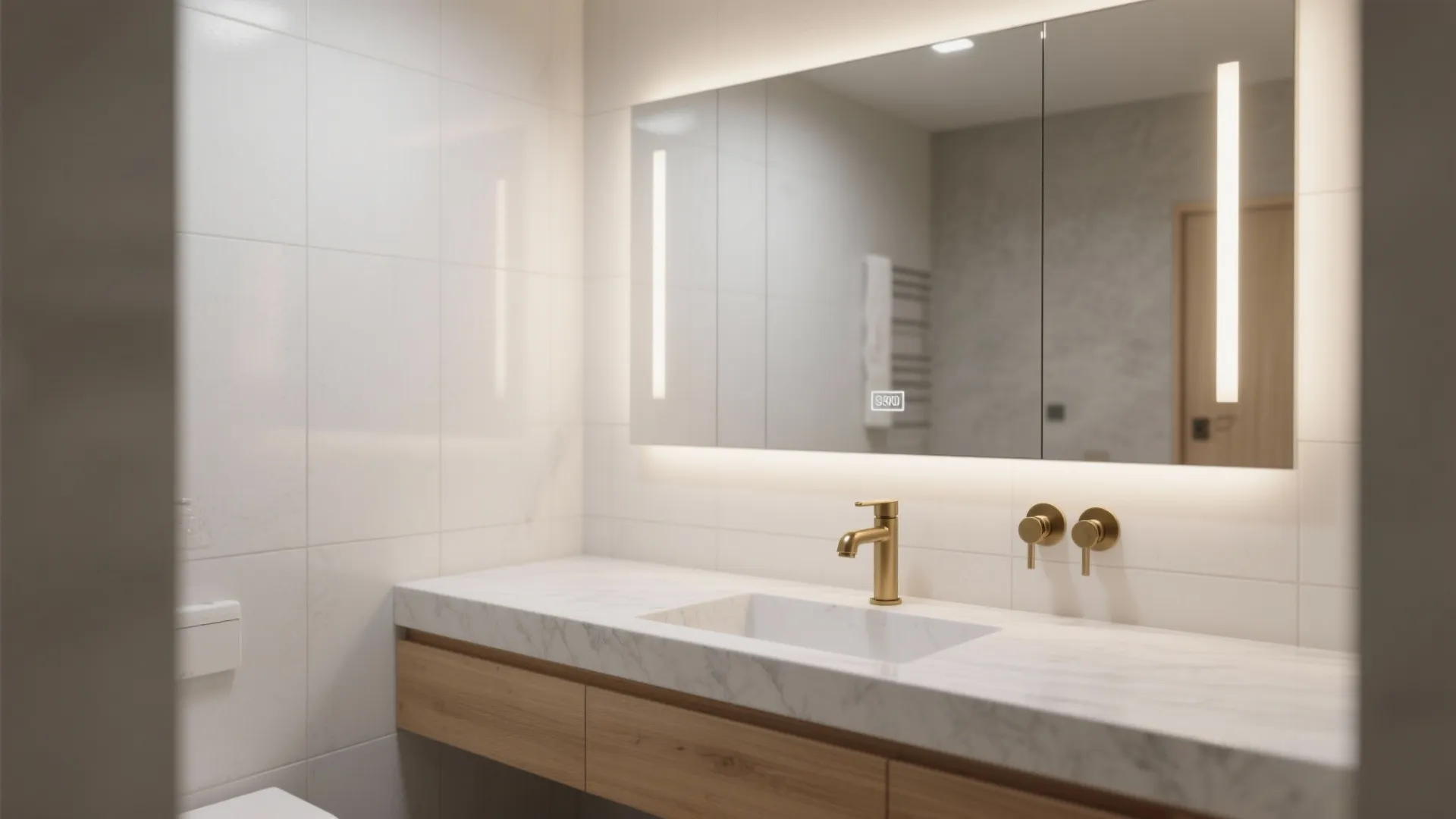 Minimalist bathroom interior with marble countertop wooden cabinet gold faucet and large back lit mirror