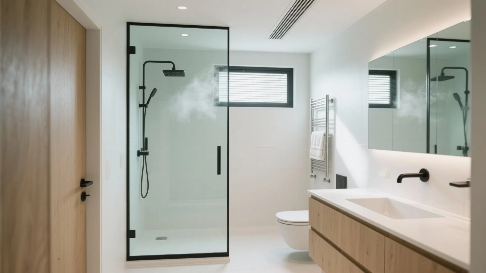 Modern white bathroom with glass shower door wooden cabinet sink mirror and a small window