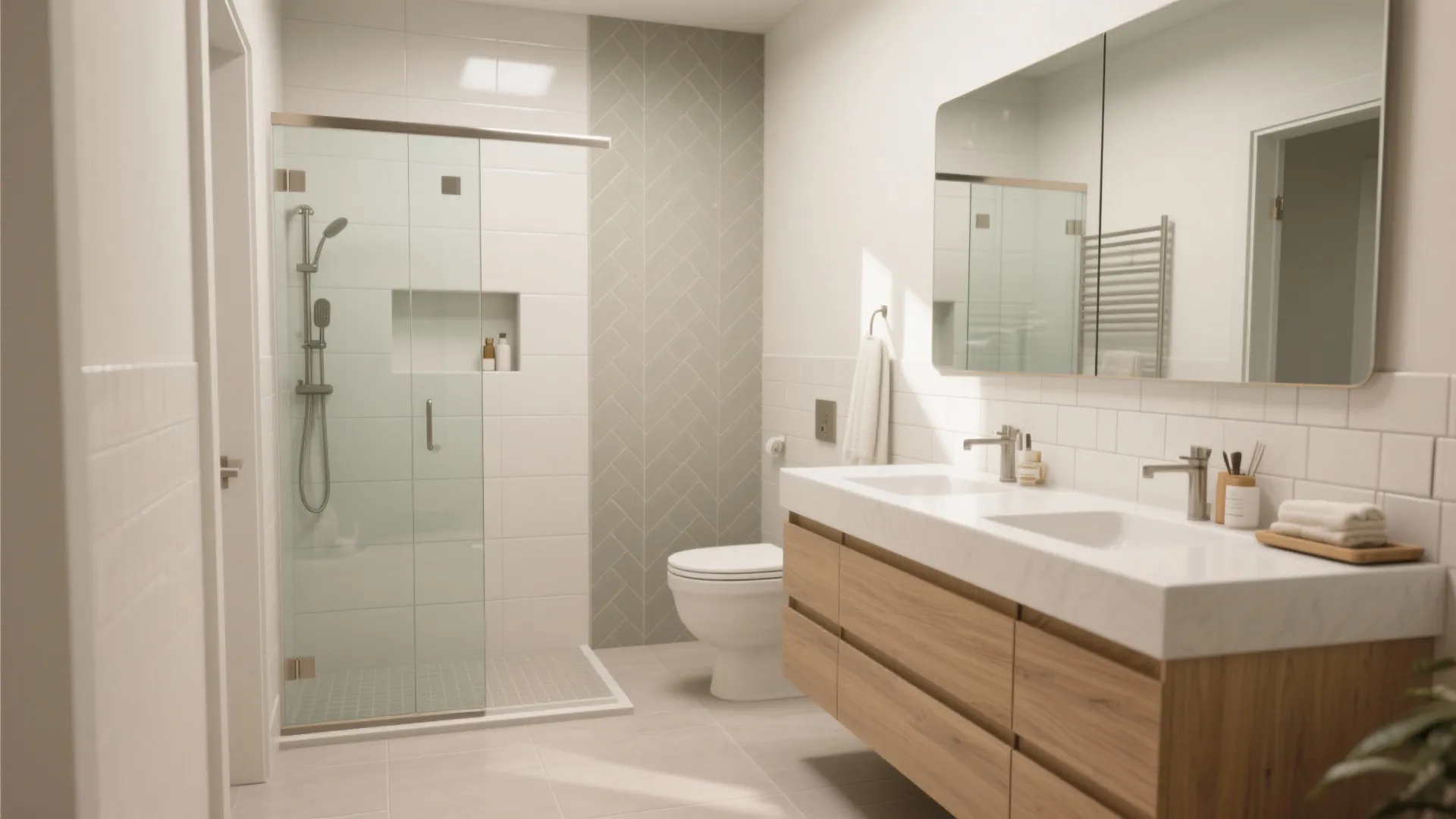 Modern white bathroom with walk in glass shower wooden cabinet double sink mirror and toilet