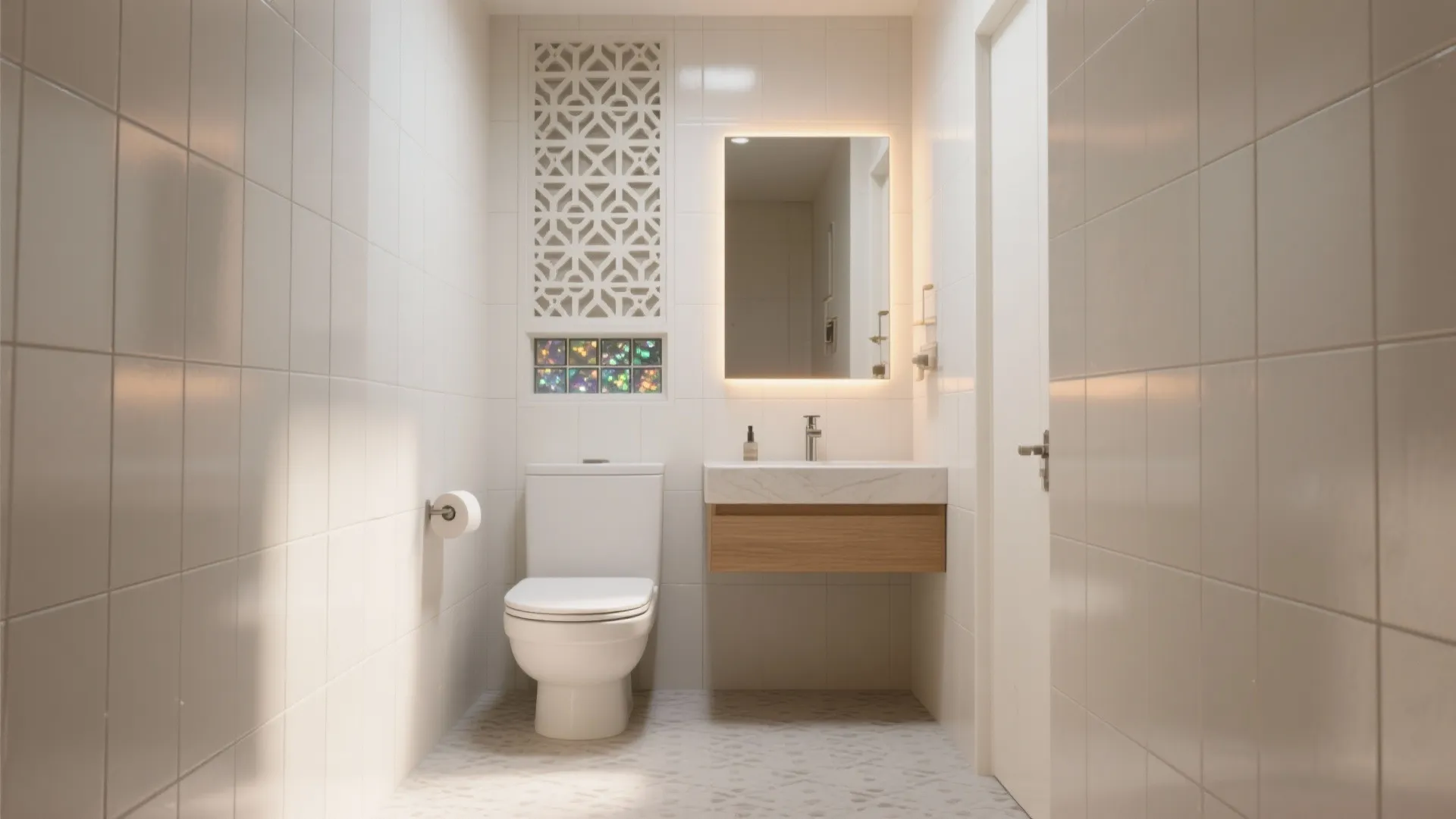 Small white bathroom featuring toilet wooden cabinet with sink glowing mirror and white wall tiles
