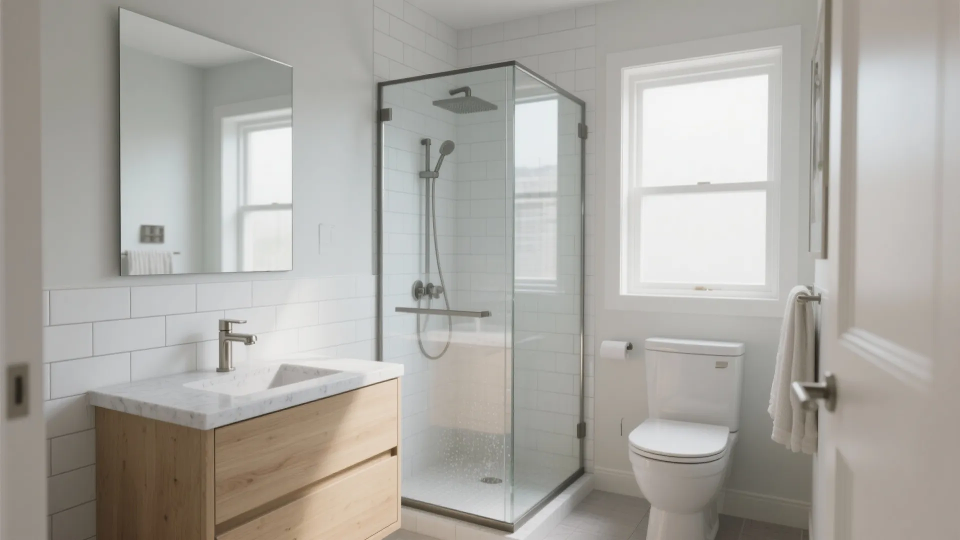 Bright small bathroom with wooden cabinet white sink glass shower box toilet and large wall mirror
