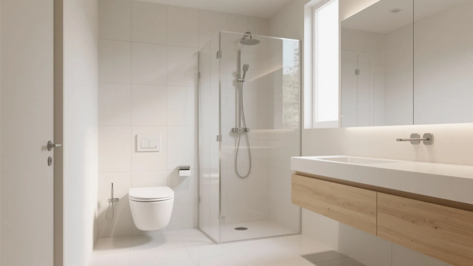 Modern white bathroom featuring glass shower cabin white toilet wooden sink cabinet and bright natural light