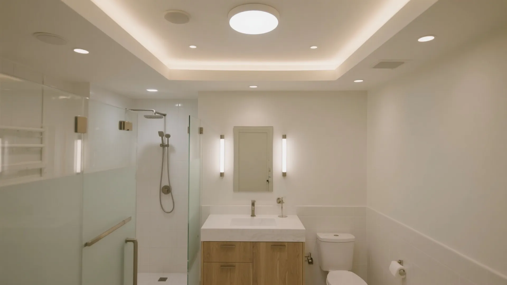 Bright bathroom featuring wood vanity white sink toilet glass shower door and many ceiling light fixtures