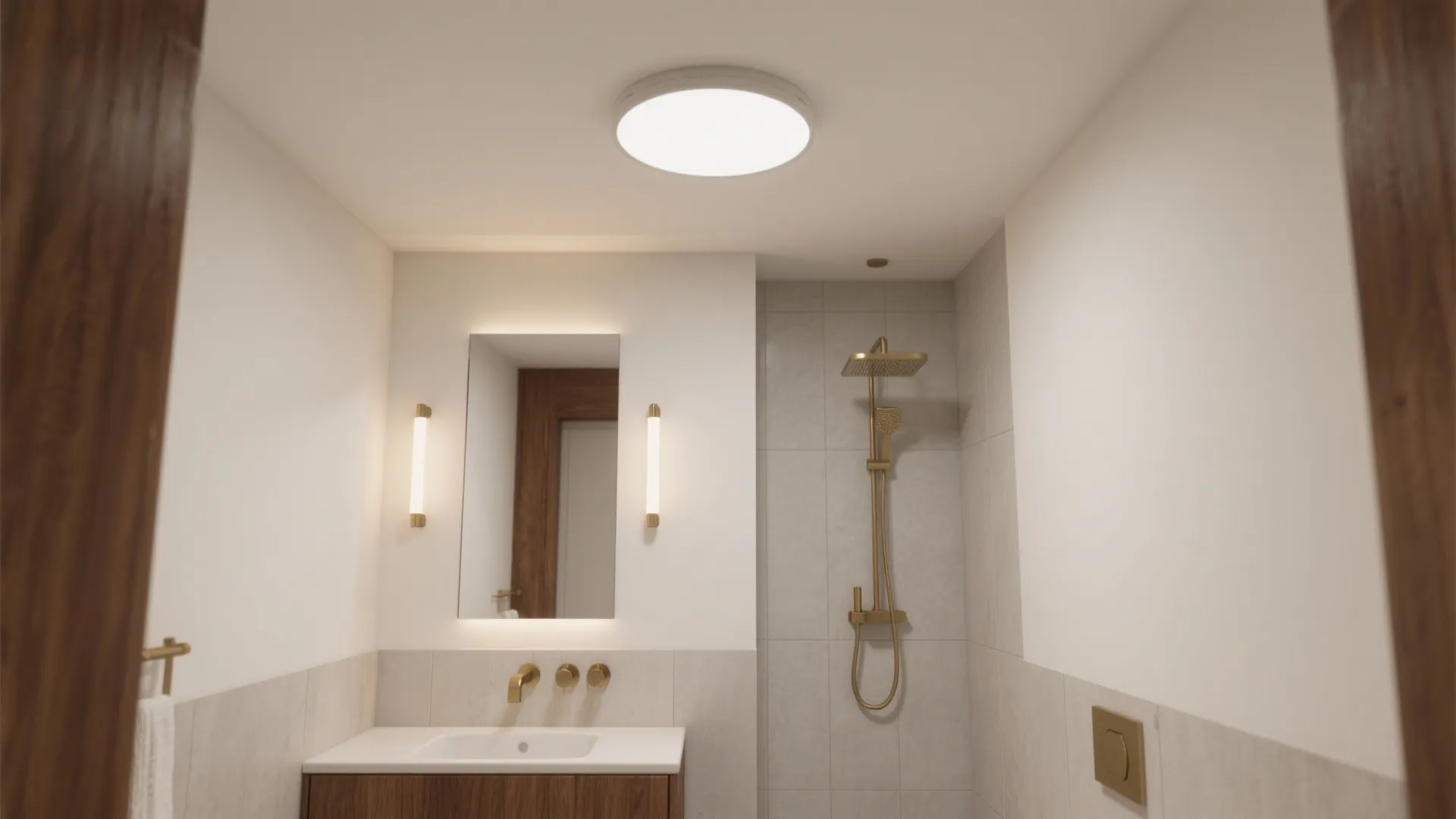 Contemporary bathroom design with gold shower head wooden cabinet mirror wall lights and ceiling light