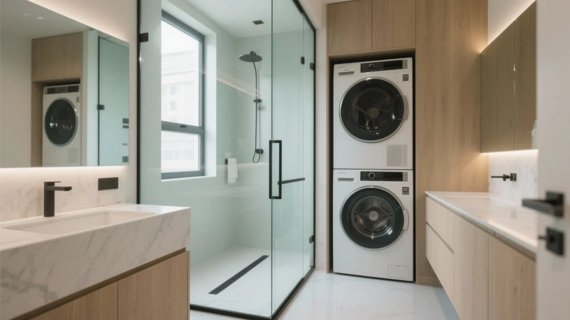 Clean bathroom interior with stacked washing machines next to glass shower and white marble sink