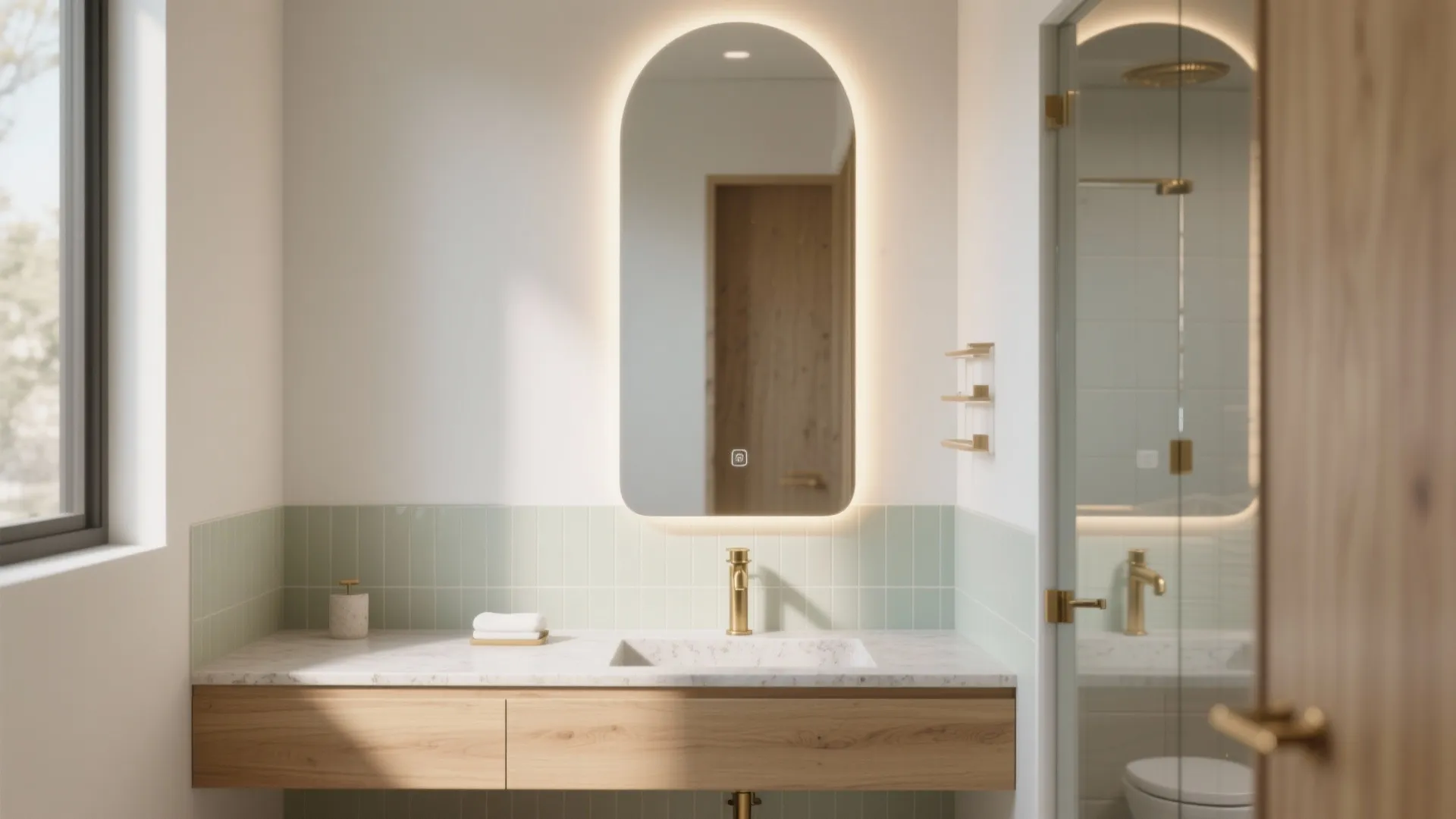 Modern bathroom with an arched backlit mirror green tiles marble counter and gold water tap
