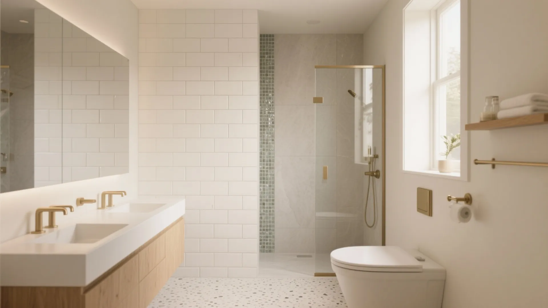 Bright bathroom with white wall tiles, glass shower, toilet, wooden cabinet, and gold water taps