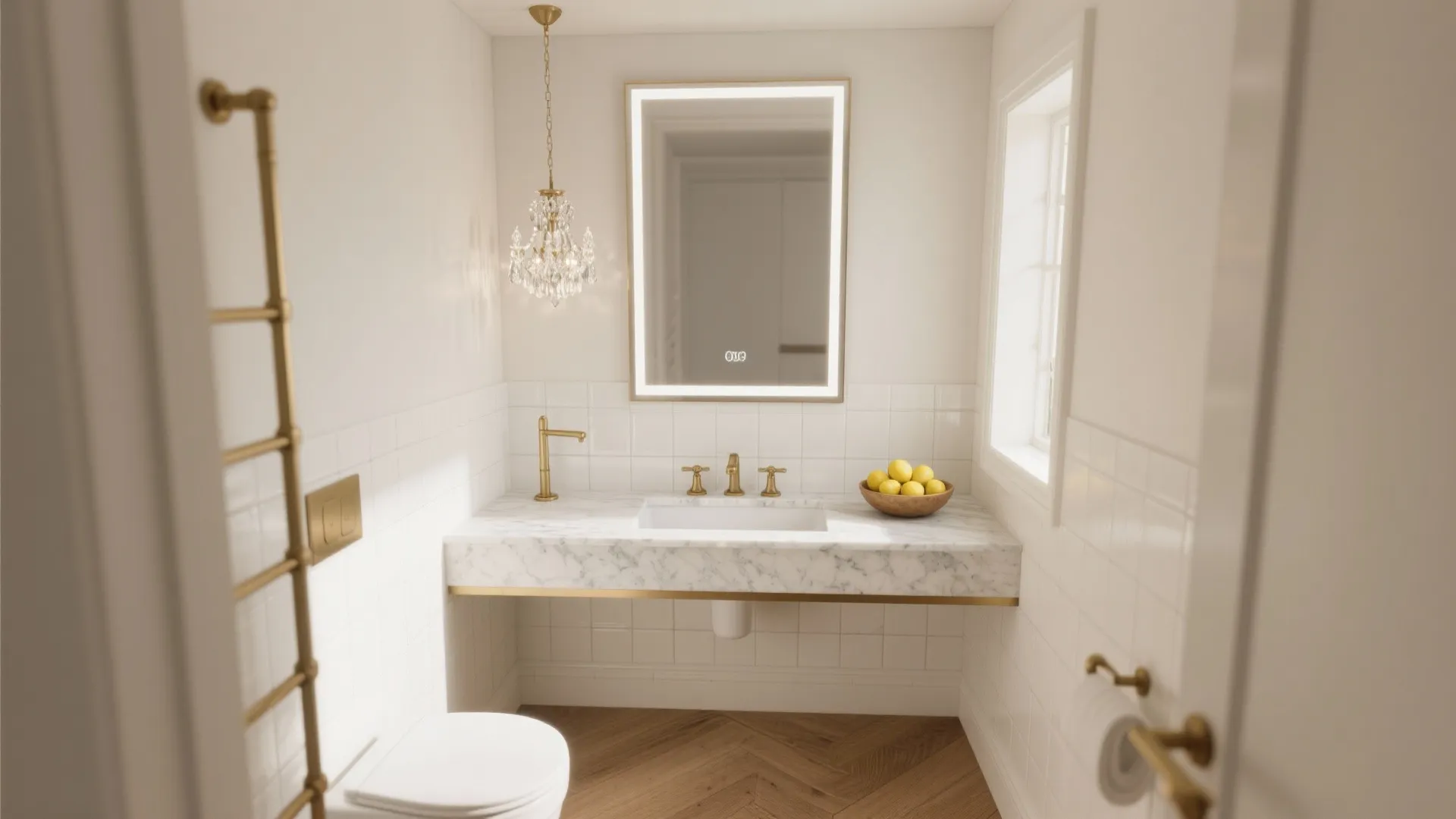 Small white bathroom with marble counter golden tap led mirror ceiling light and wood floor
