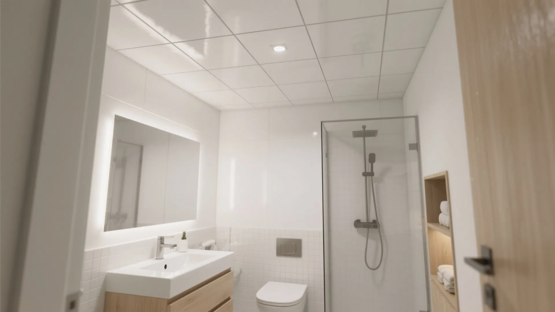 Minimalist bathroom design showing wooden cabinet, white sink, backlit mirror, toilet, and glass shower area