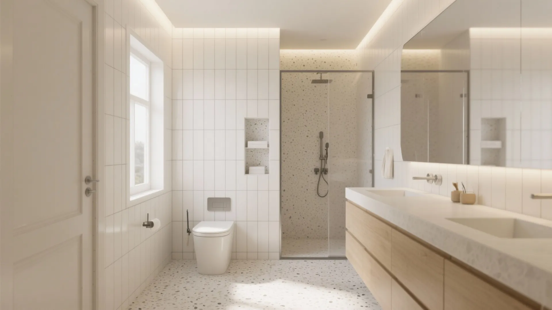 Modern bright bathroom with white wall tiles terrazzo floor wooden floating cabinet and glass shower door