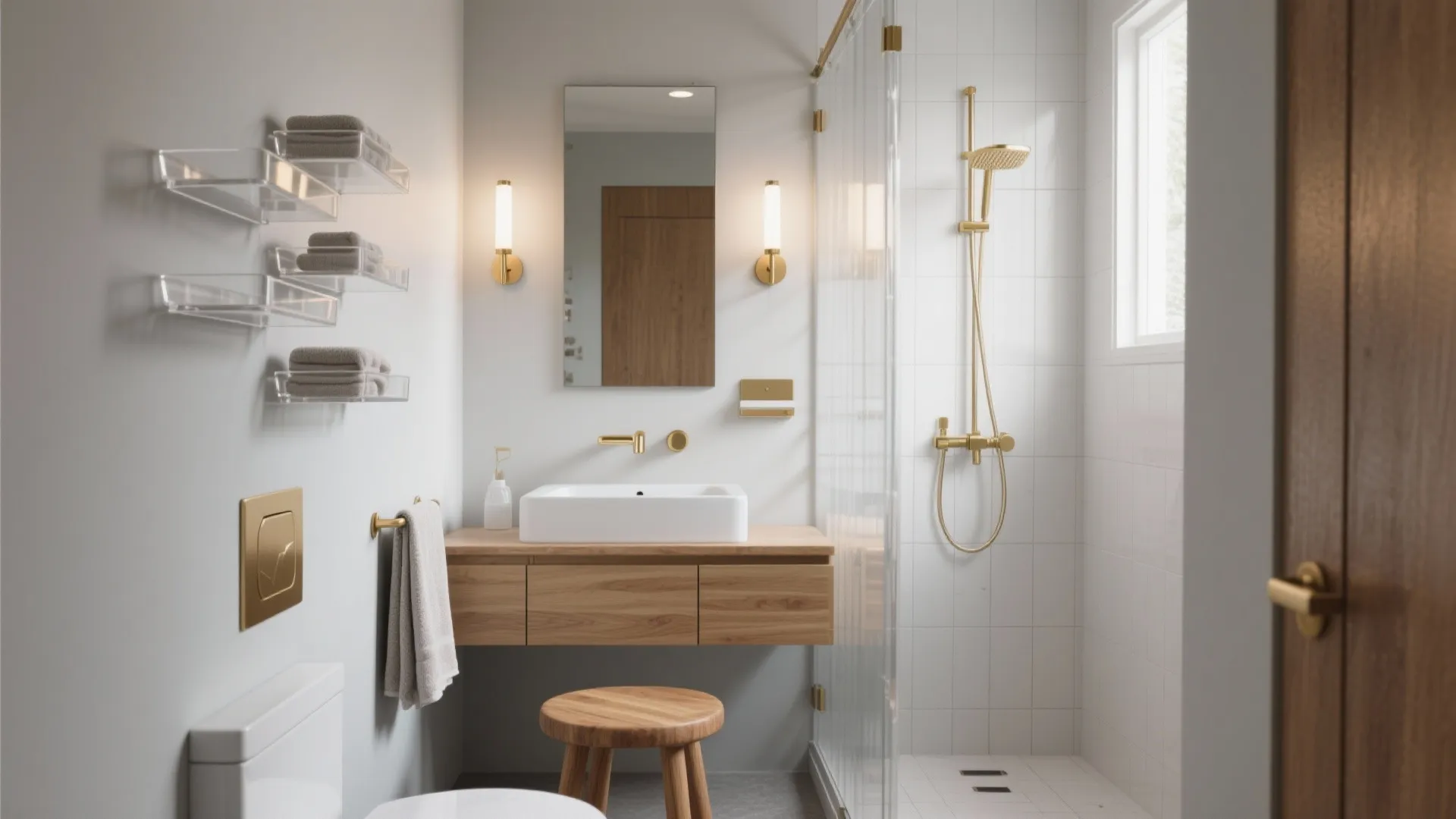 Small modern bathroom with wooden cabinet white sink gold shower head and glass shower door