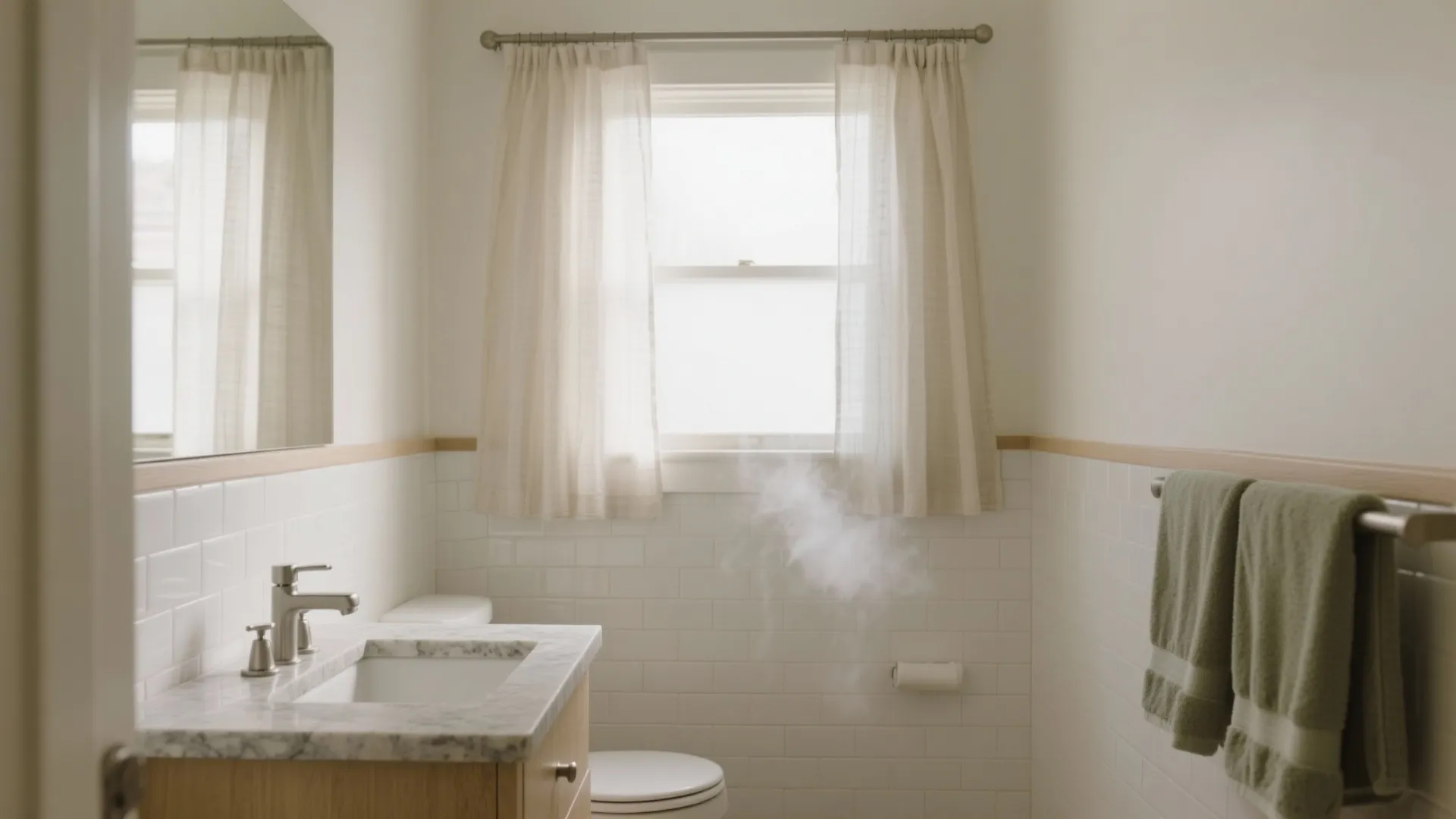 Small white bathroom with marble sink wooden cabinet short curtains green towels and wall panels