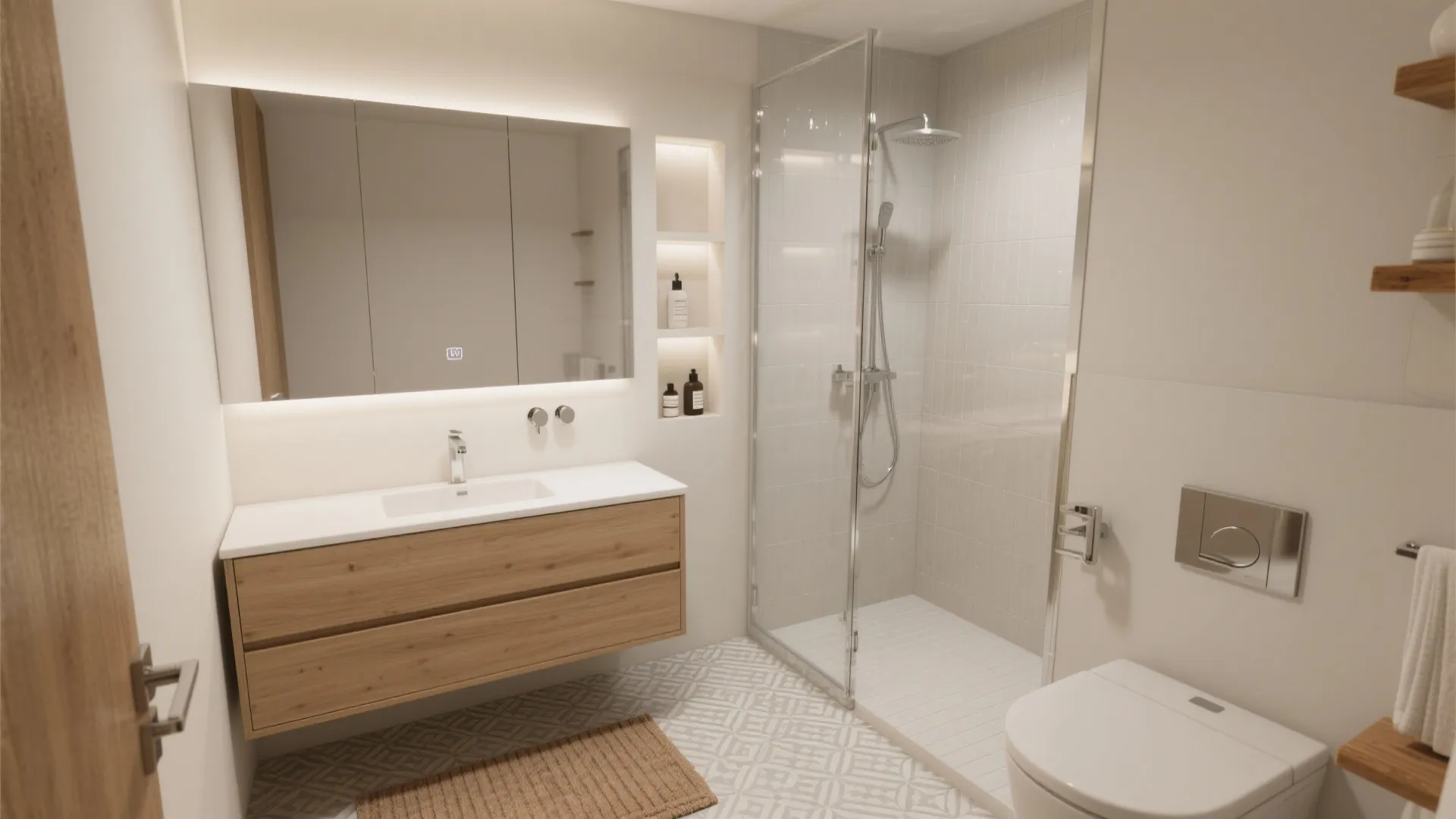 Bright bathroom interior with wooden cabinet glass shower door white toilet and lit wall mirror