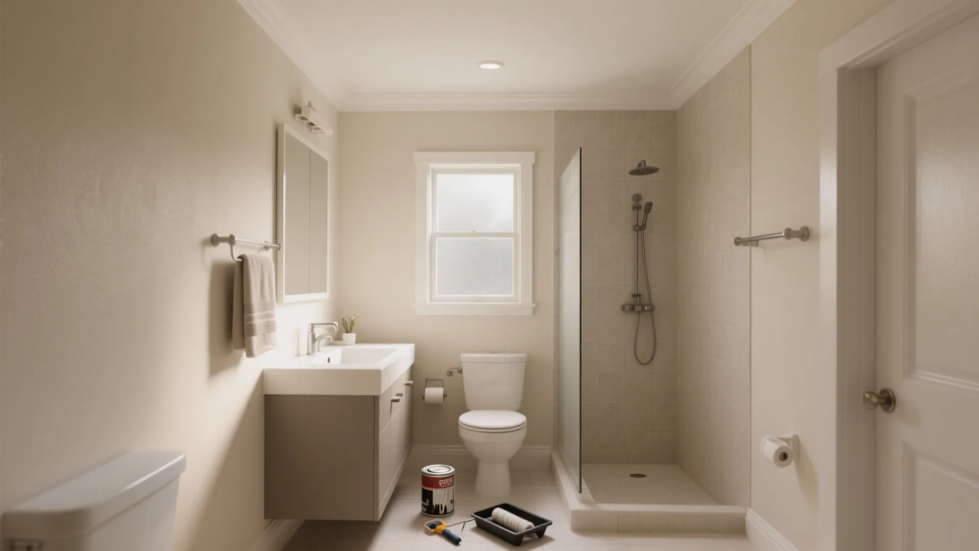Modern small bathroom with beige walls white toilet shower area sink cabinet and painting tools