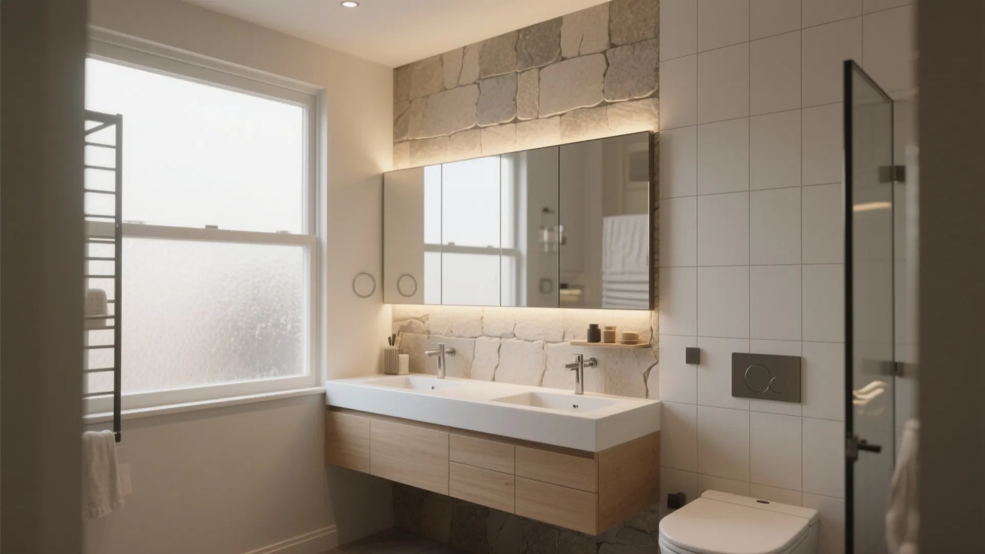 Modern bathroom with double sink wood cabinet stone wall mirror light toilet and glass shower