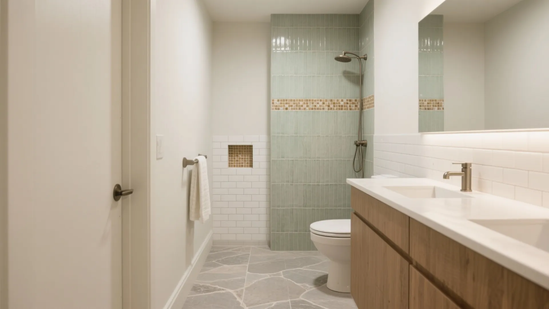 Modern bathroom with light green wall tiles, wood vanity, white sink, stone floor and shower
