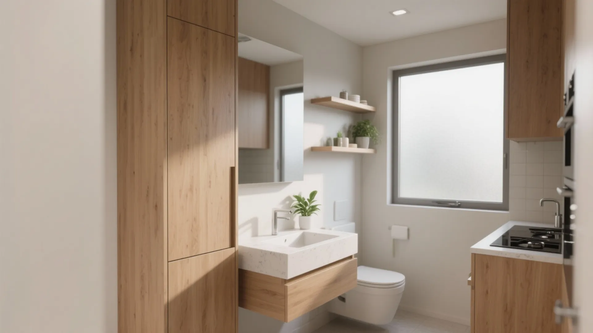 Small modern bathroom with wood cabinet white sink toilet and window providing bright natural light