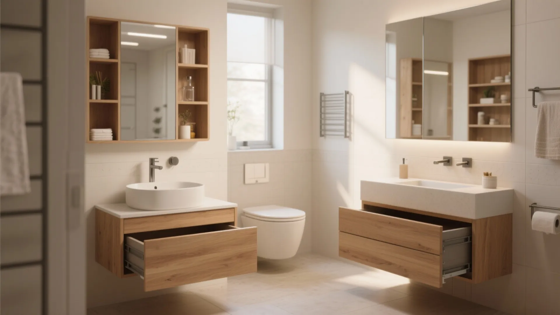Modern bathroom with double wood cabinets white sinks mirrors open drawers and a white toilet
