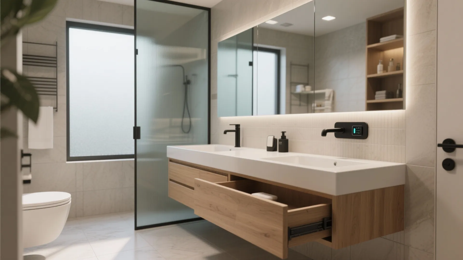 Modern bathroom with double sink vanity wooden cabinet open drawer large mirror and glass shower
