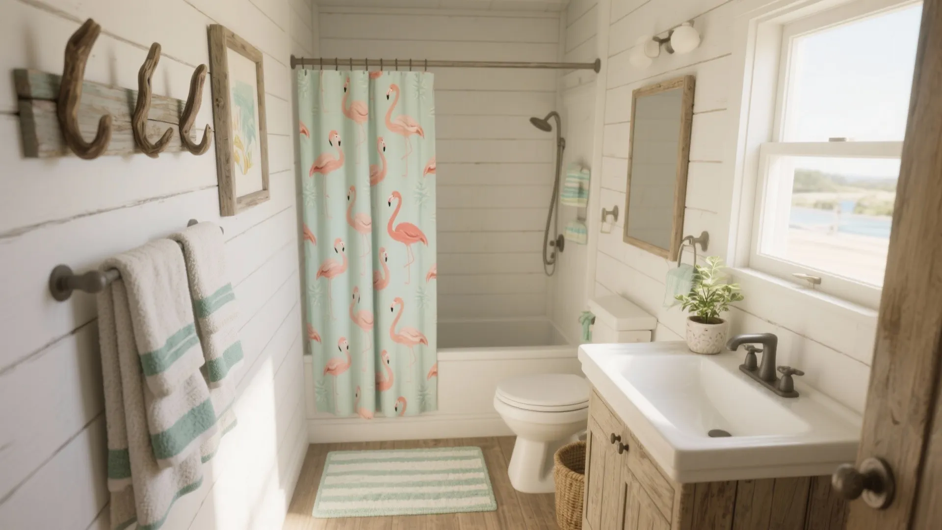 Bright bathroom interior featuring flamingo pattern curtain wooden cabinet white sink and light wood floor design