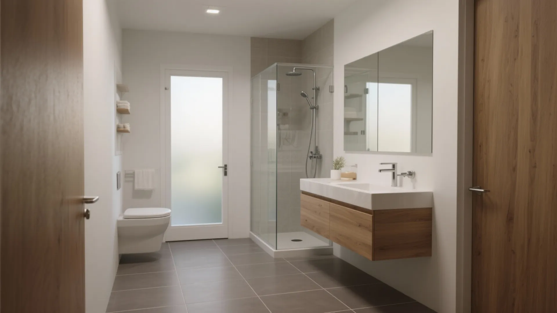 Narrow bathroom with white toilet, wooden double vanity, gold faucets, large backlit mirror, grey tiles