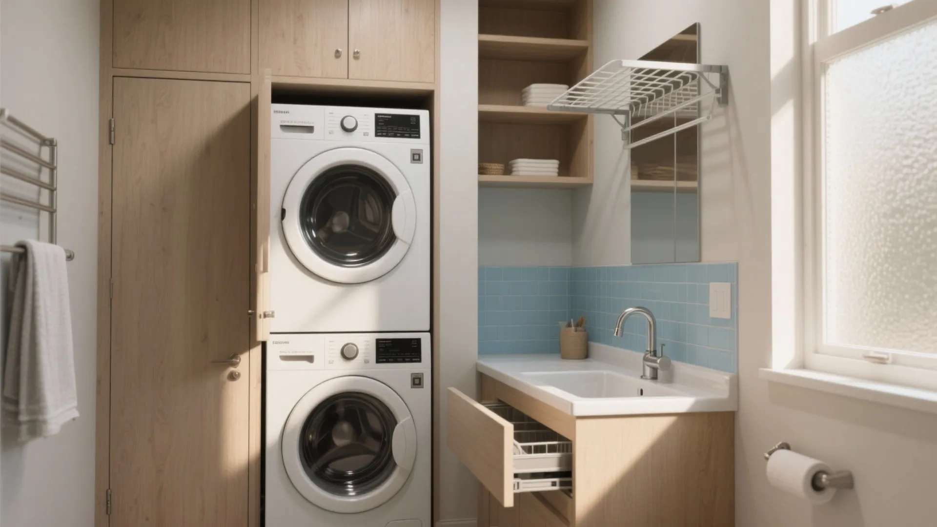 Stacked white washer and dryer inside wood cabinet next to sink with blue tiled wall