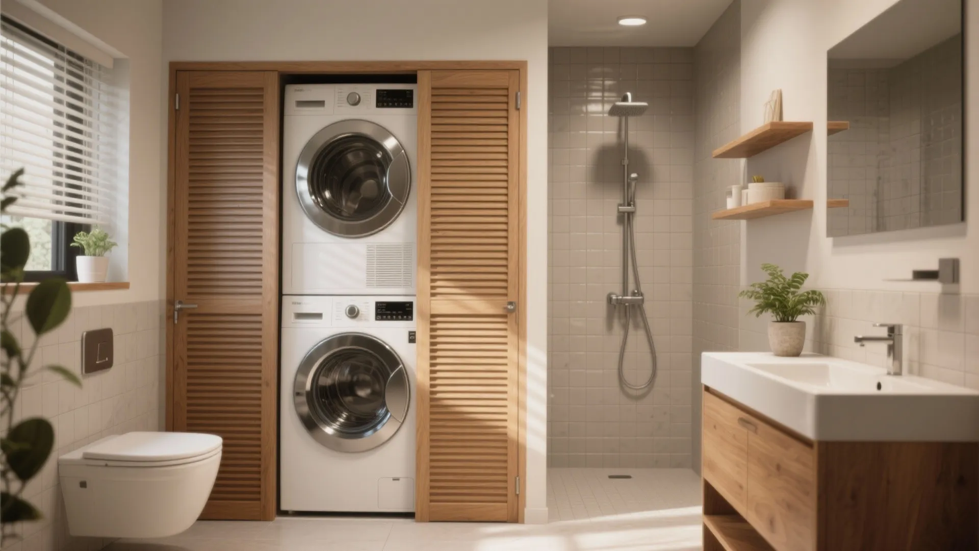 Modern bathroom with stacked washing machine and dryer inside wooden cabinet next to walk-in shower