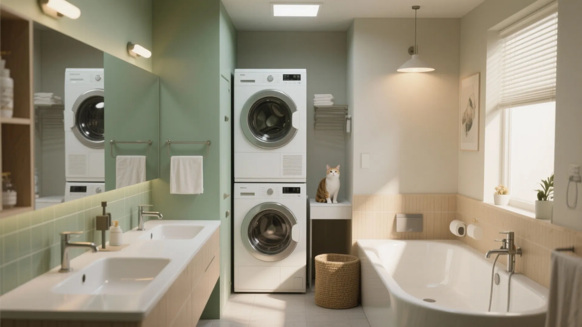 Modern green bathroom featuring a double sink vanity plus stacked washing machine and dryer unit