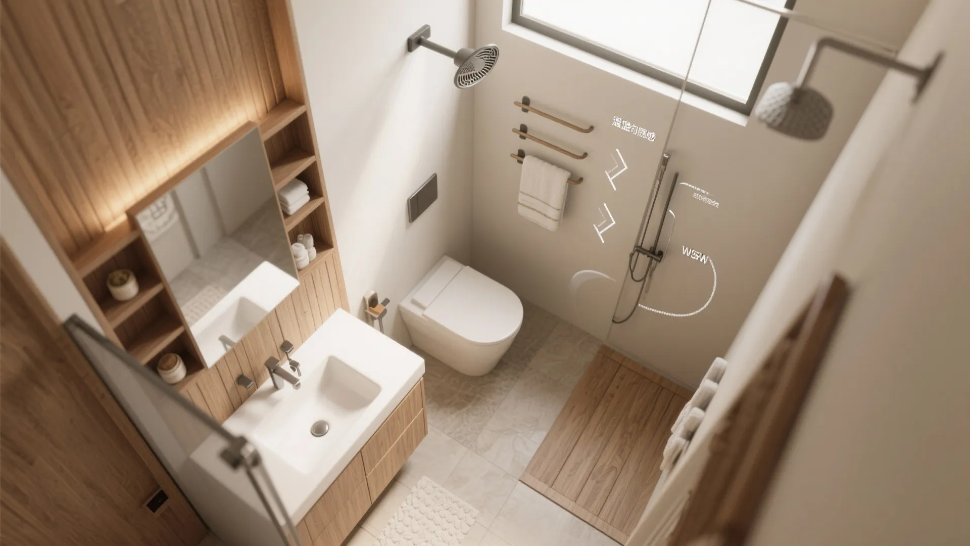 Small bathroom room layout viewed from above showing sink toilet shower area and wooden floor mat