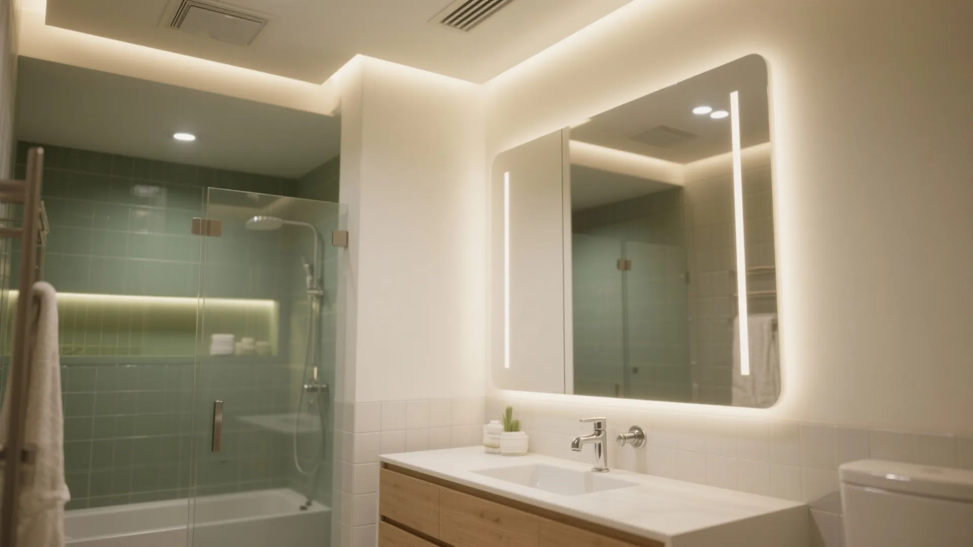 Bright bathroom featuring large backlit mirror wood vanity white sink and glass shower with tiles