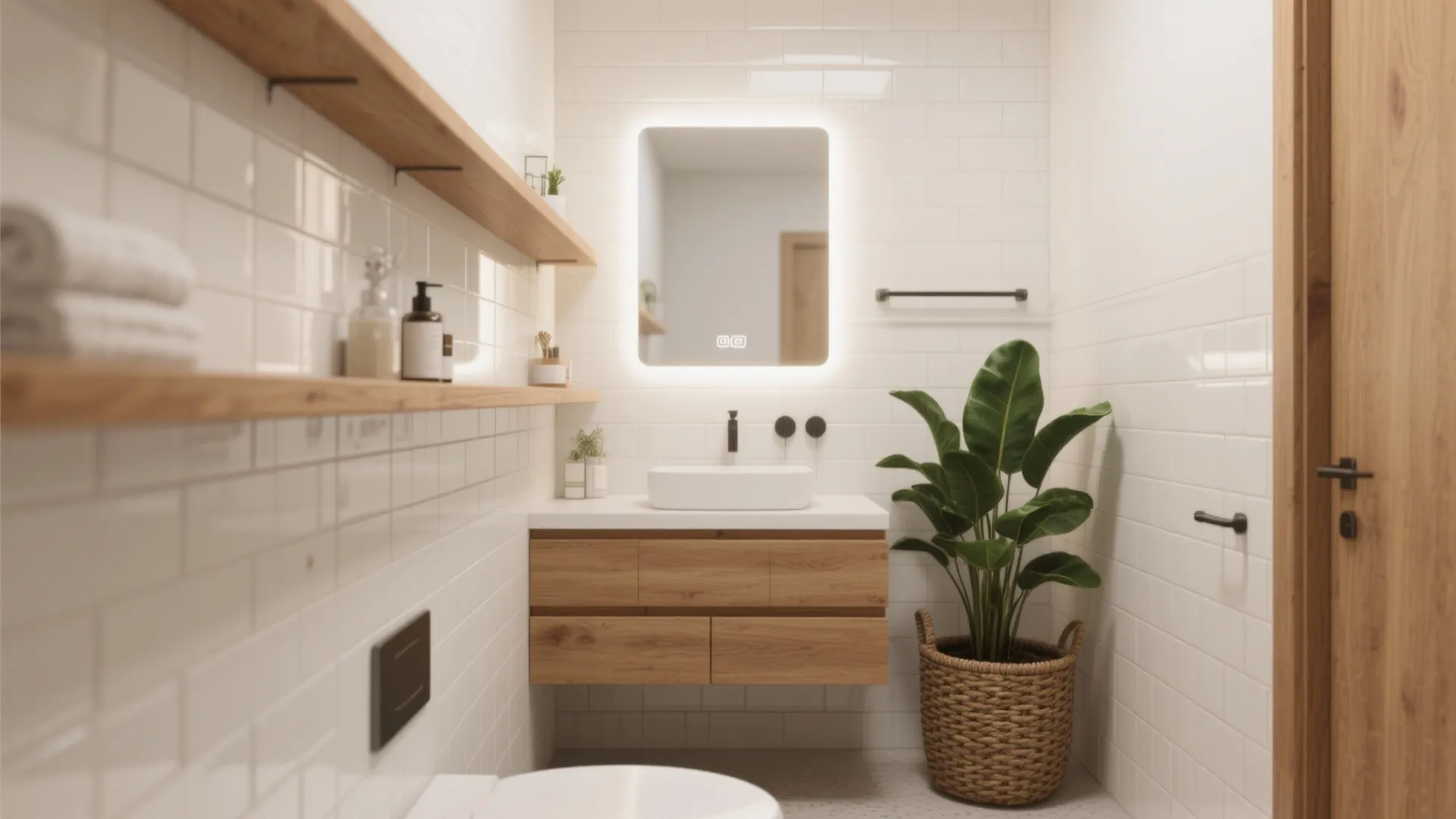 Modern small bathroom with white tiles wood vanity glowing mirror green plant and open shelves