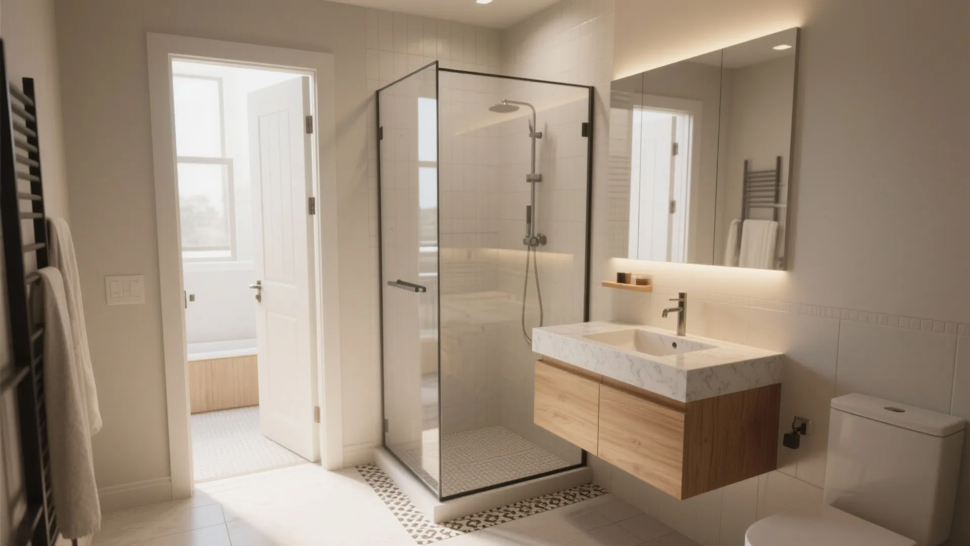 Bright bathroom with glass shower floating wooden cabinet marble sink large mirror and white toilet