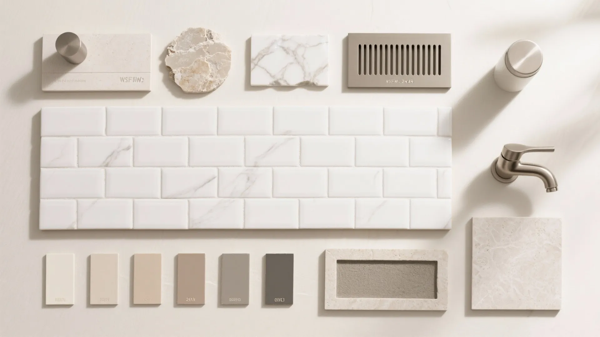 Bathroom design board with white subway tiles marble samples a faucet and various color chips