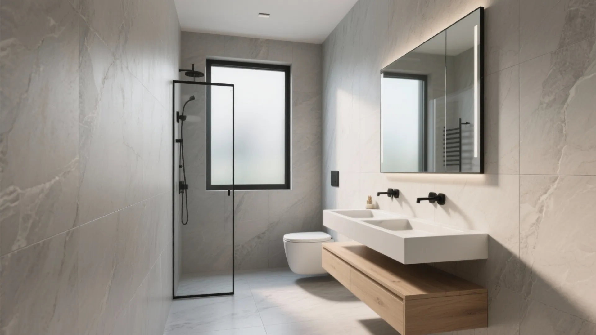 Modern bathroom with grey stone tiles wooden vanity double sink large mirror and glass shower