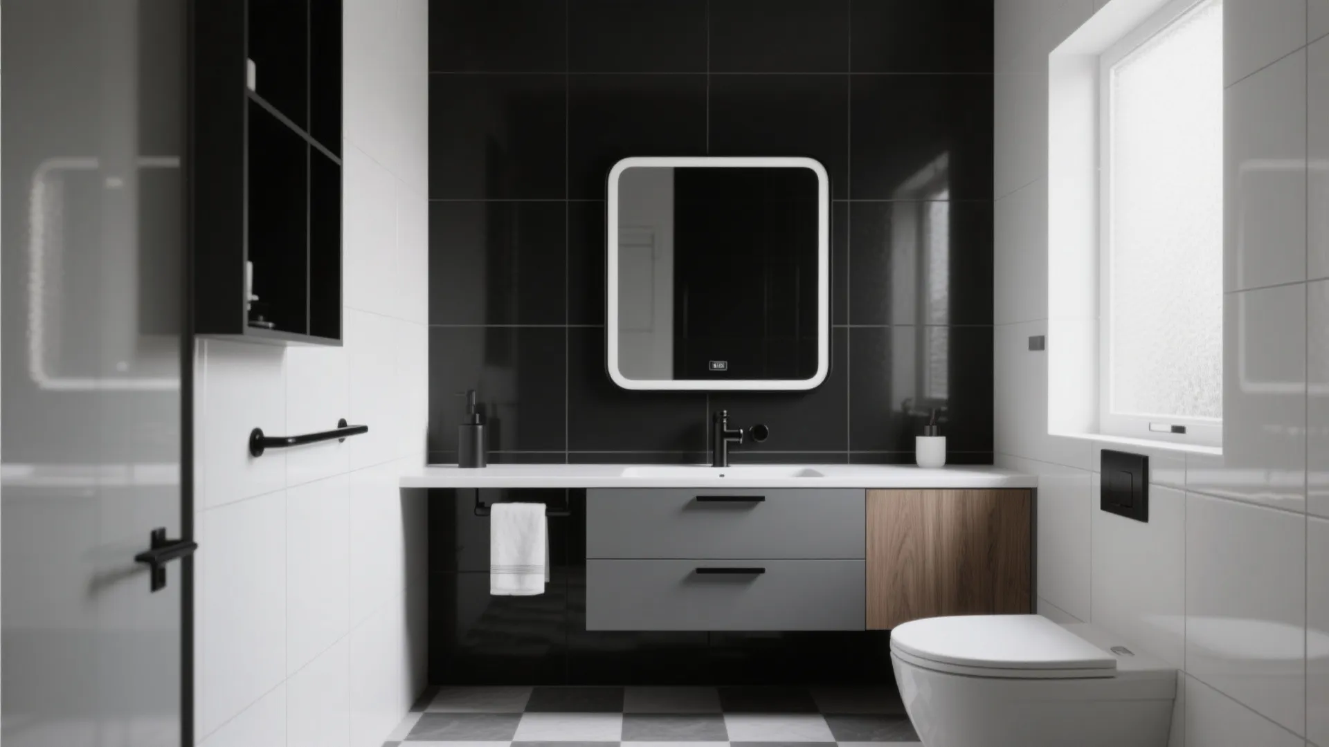 Modern bathroom with black wall tiles gray cabinet wood panel white toilet and square light mirror