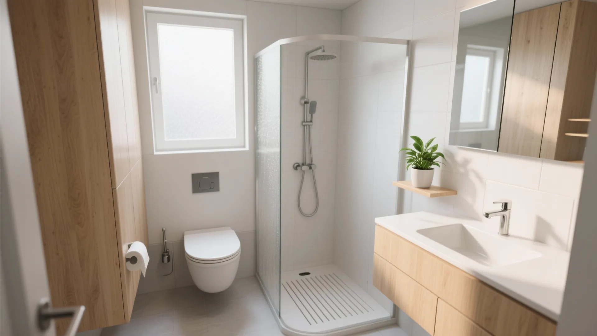Small bright bathroom layout with corner glass shower white toilet wood cabinet and potted plant