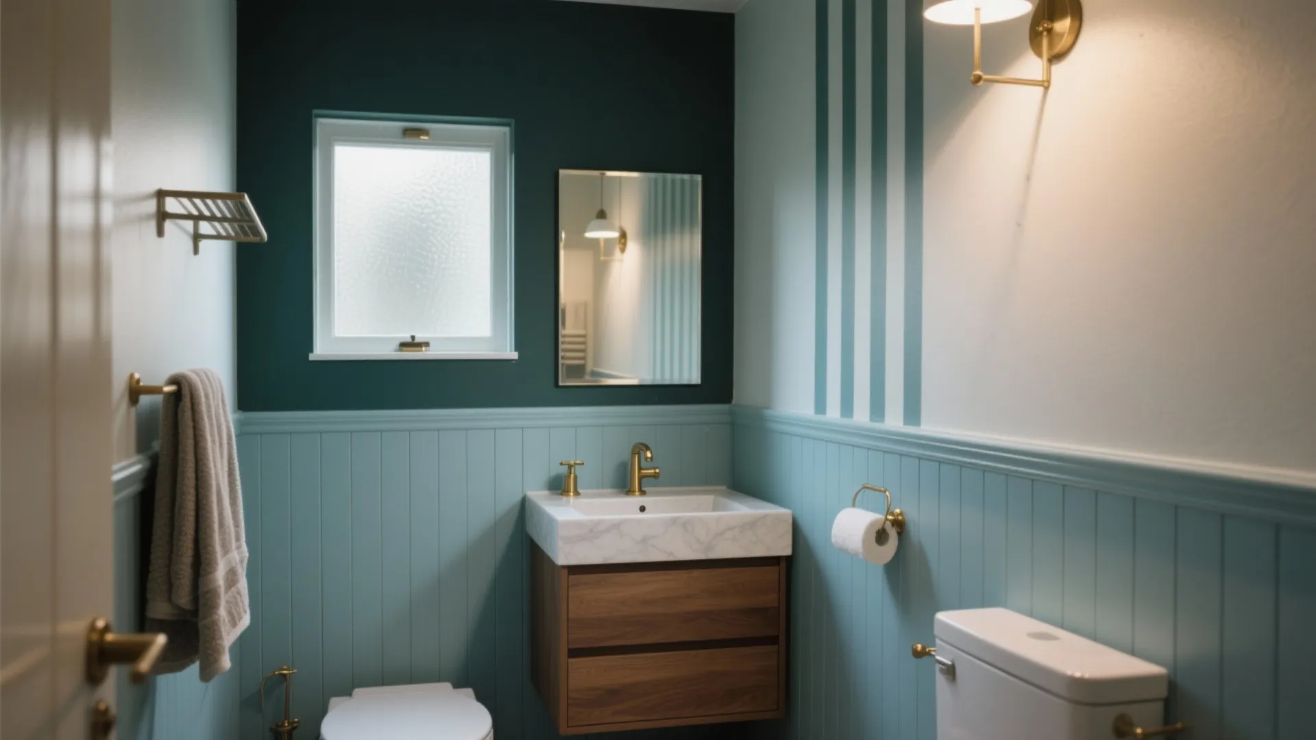 Small bathroom with dark green and blue walls white sink wooden cabinet and wall light