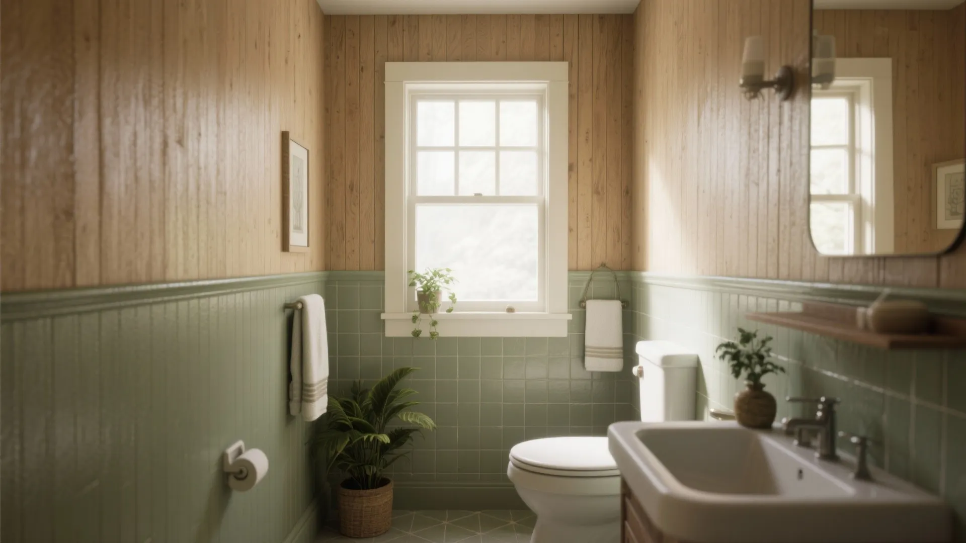 Cozy bathroom with green wall tiles wood panels white toilet sink plants and bright window
